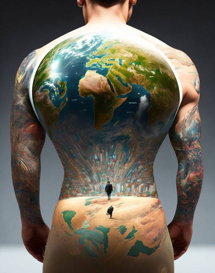 Colorful Earth tattoo on person's back in realistic scene