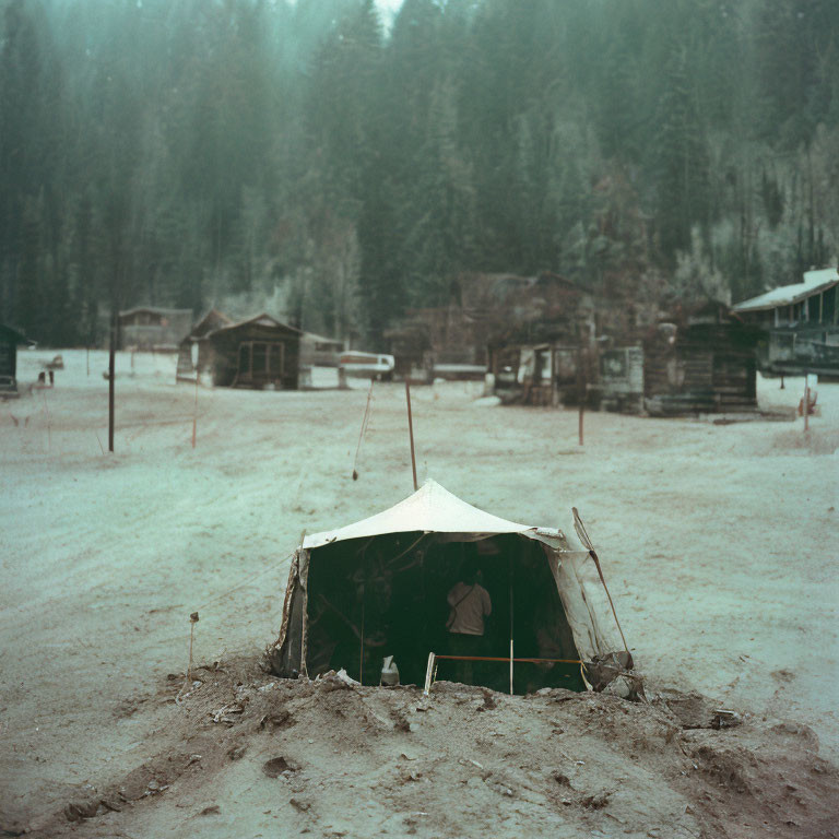 Snow-dusted clearing with solitary tent, wooden cabins, and forest under overcast sky