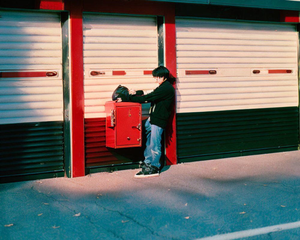 Person in dark jacket and jeans mailing letter at red postbox by closed shop shutters