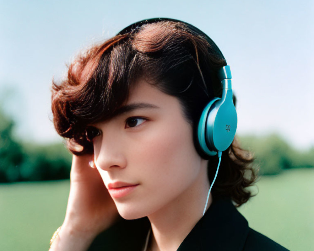 Person in Blue Headphones in Calm Outdoor Setting
