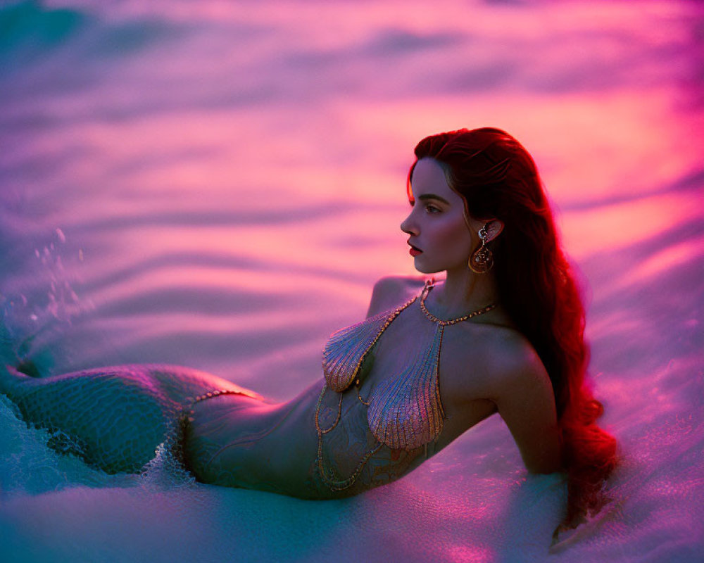 Mermaid with Red Hair in Gold Jewelry at Twilight