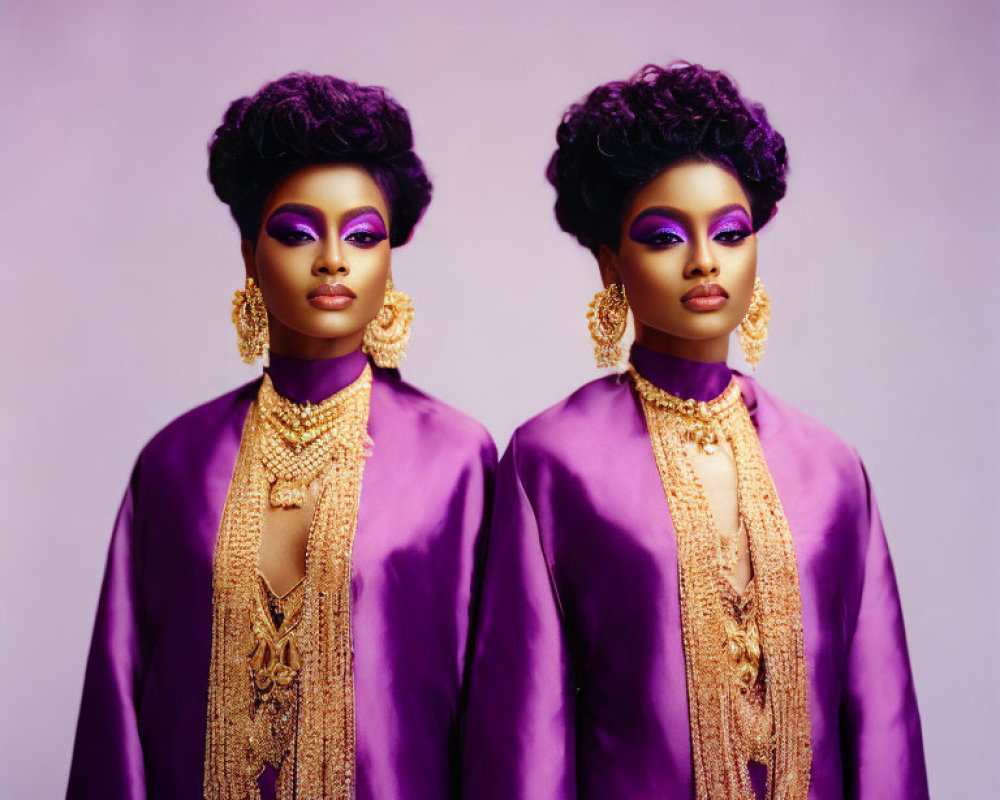 Vibrant Purple Makeup and Attire with Elaborate Gold Jewelry Against Pastel Background