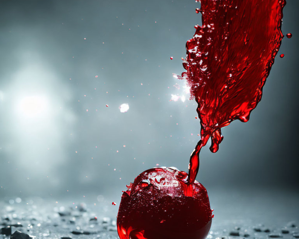 Vibrant red liquid splashing from spherical container on dark backdrop