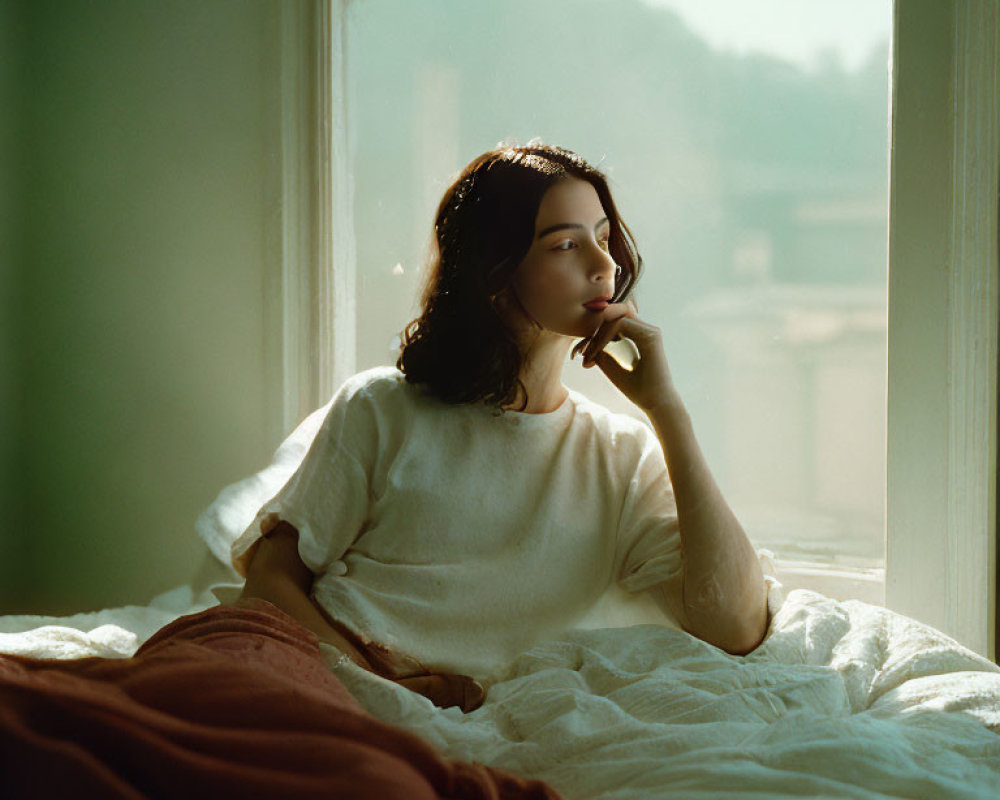 Pensive person sitting on bed by window in natural light