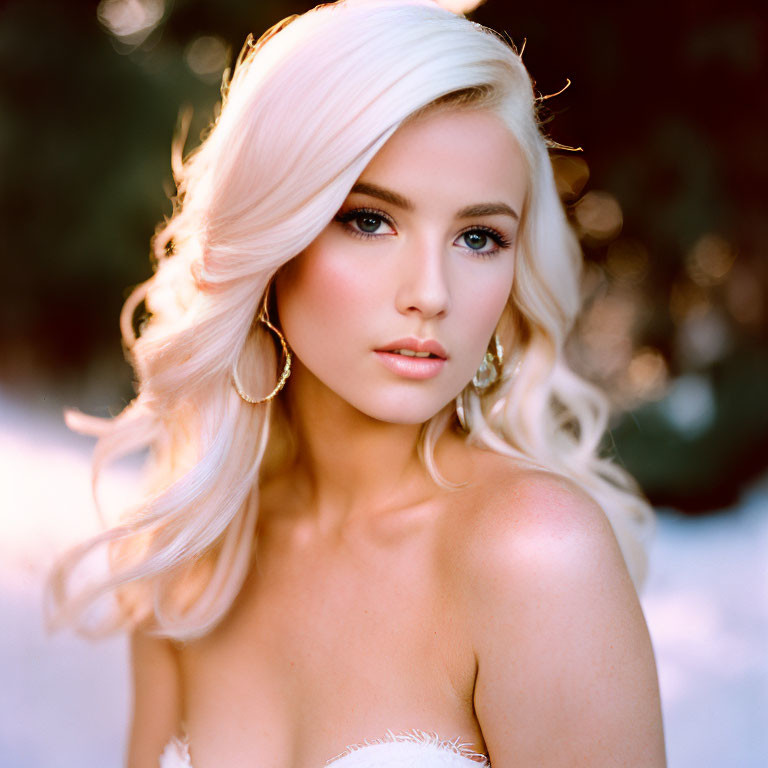 Blonde woman with wavy hair in white outfit and hoop earrings gazes away.