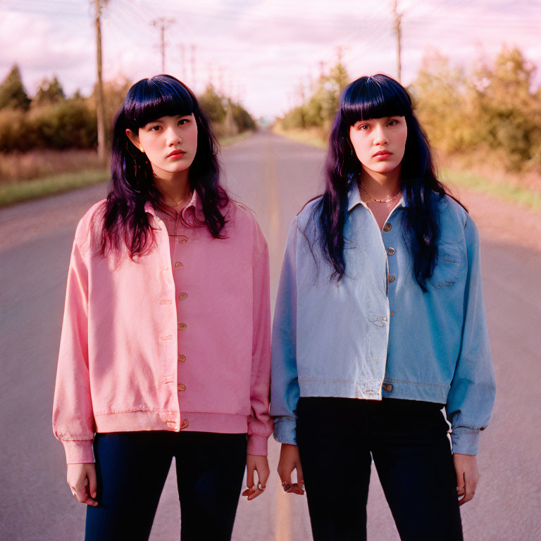 Identical individuals in pink and blue shirts with dark hair on road