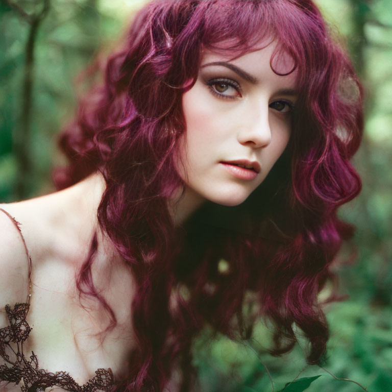 Purple-haired woman in green forest setting: striking contrast between hair and nature.