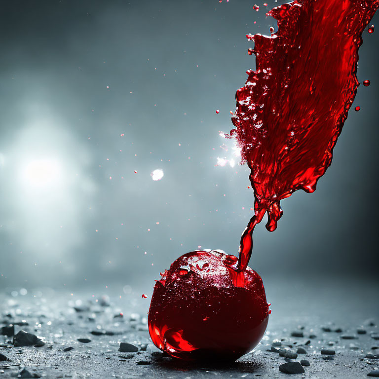 Vibrant red liquid splashing from spherical container on dark backdrop