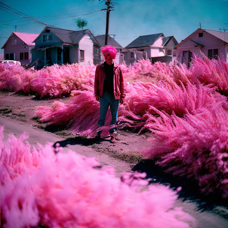 Pink-haired person in surreal landscape with vibrant pink grass, red jacket, blue jeans, and sunglasses.