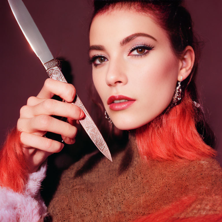 Red-haired woman with decorated knife, bold makeup, earrings, fur garment