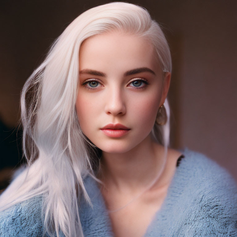 Platinum Blonde Woman in Blue Top with Blue Eyes