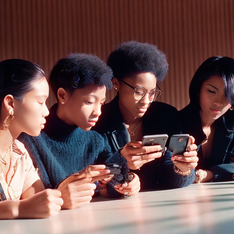 Four People Engrossed in Smartphones with Warm Light and Corrugated Background