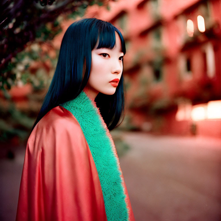 Blue-haired woman with green fur collar against red backdrop