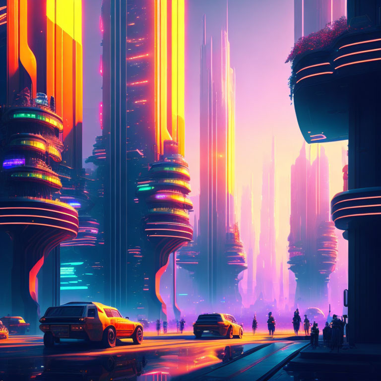Futuristic cyberpunk cityscape with neon-lit skyscrapers, cars, and pedestrians at