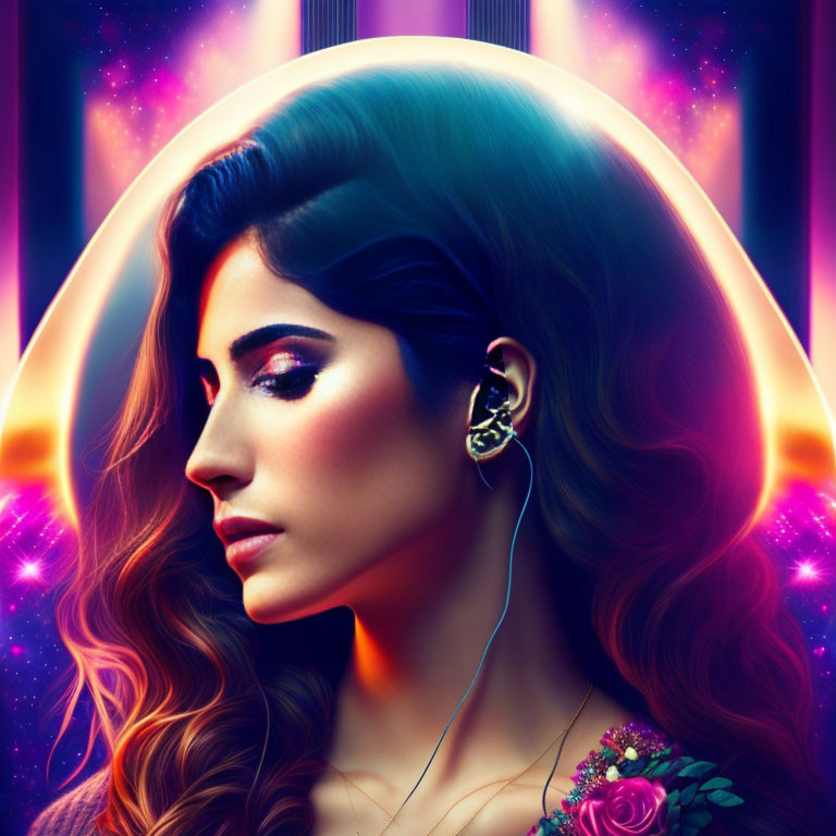 Portrait of woman with glowing skin and ombre hair, wearing earphones, against vibrant cosmic background