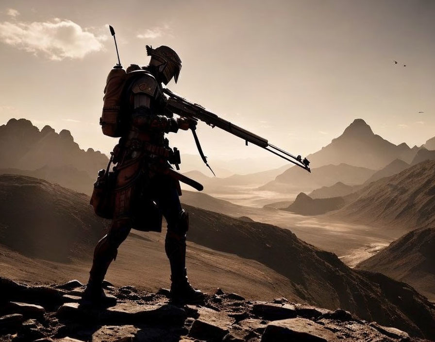 Silhouetted figure in armor with rifle on rocky terrain under hazy sky