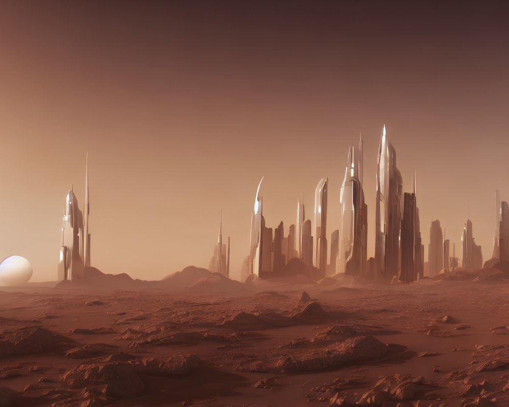 Futuristic cityscape on red barren planet with distant planet view