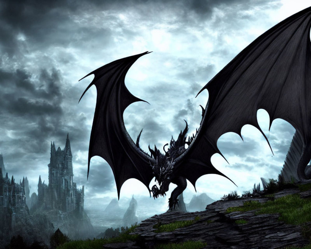 Black dragon with expansive wings on rocky hill with gothic castle and gloomy sky.