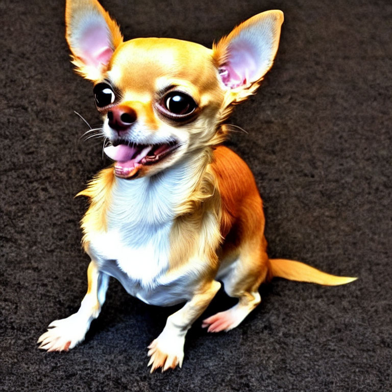 Alert Chihuahua with shiny tan coat on dark carpet