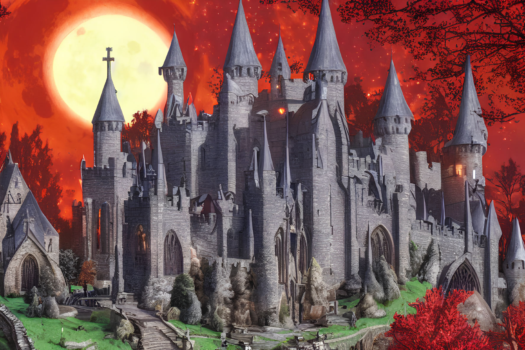 Medieval castle with spires under full moon in red sky and autumn forest.
