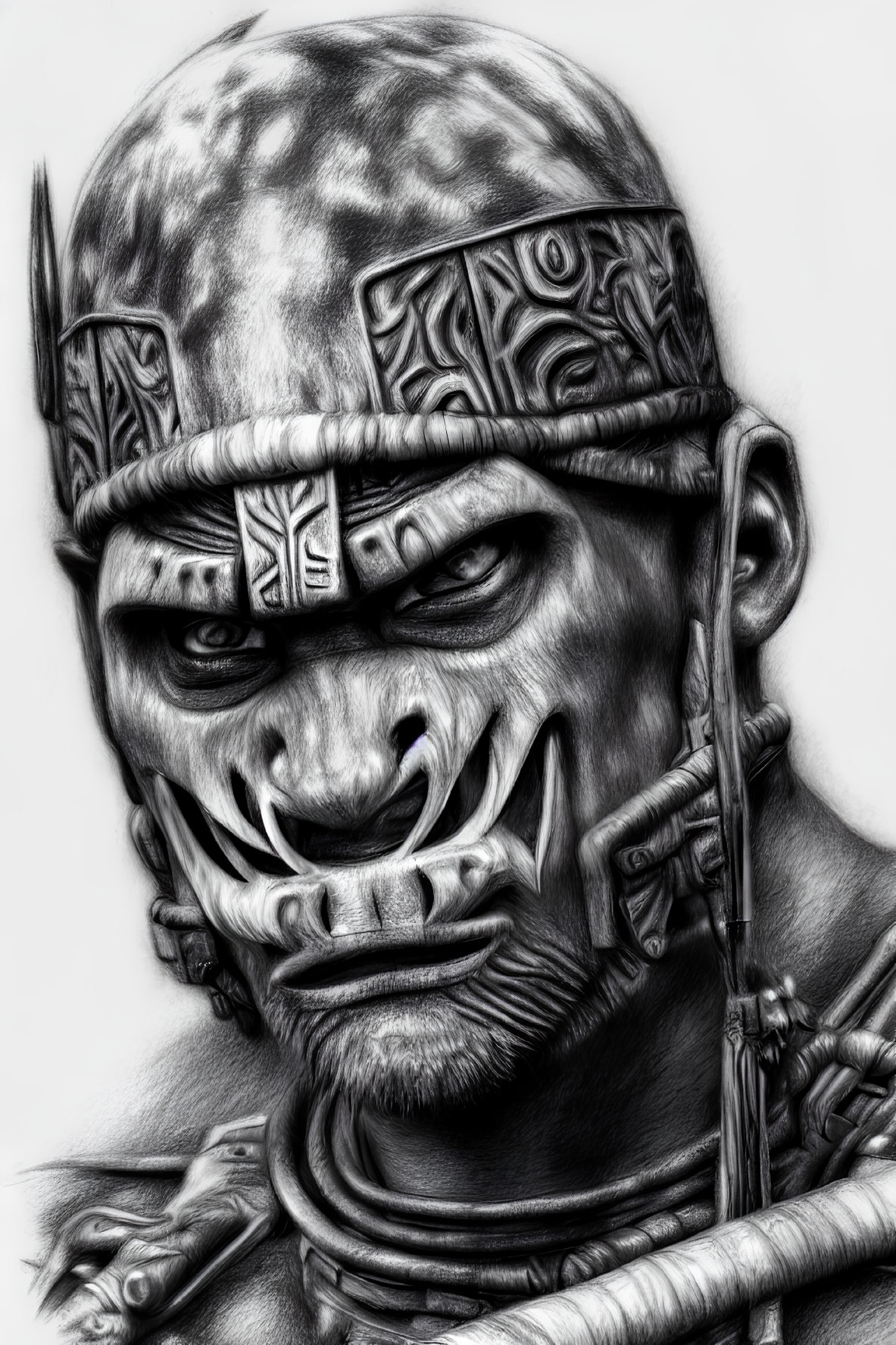 Detailed pencil drawing of menacing warrior with tribal tattoos and decorated helmet