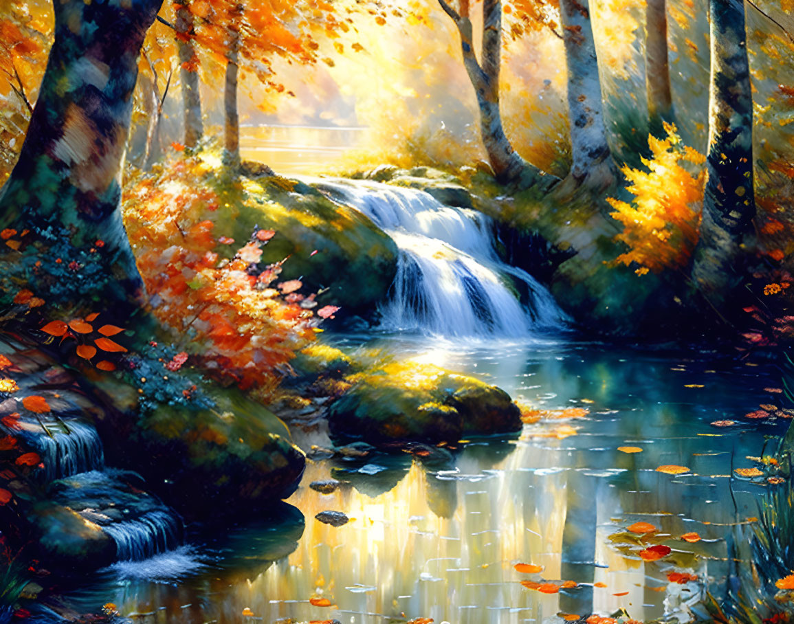 Tranquil autumn landscape with waterfall, golden trees, and sunlight filtering through leaves