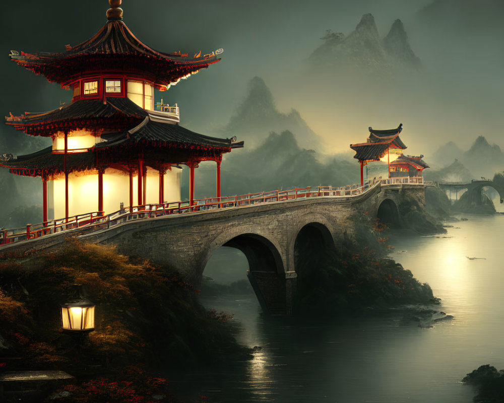 Traditional Chinese Pagoda and Bridge Over Calm River at Twilight