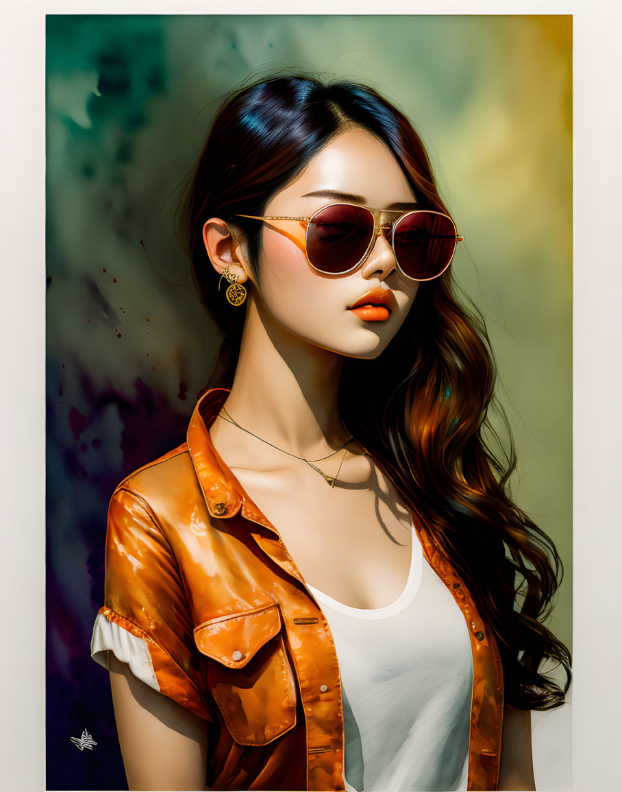 Stylish woman with long hair in sunglasses, orange jacket, white top, against colorful abstract background