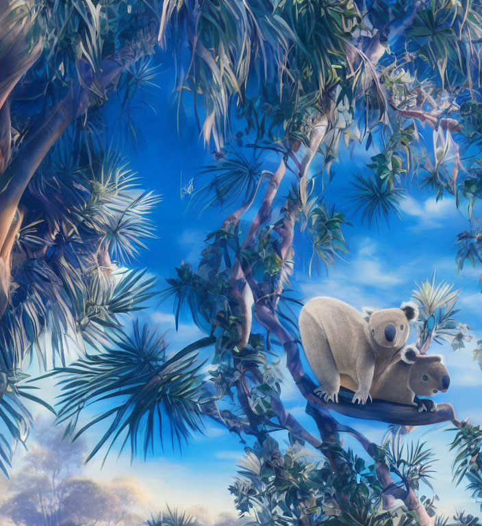 Koalas on eucalyptus branch under blue sky