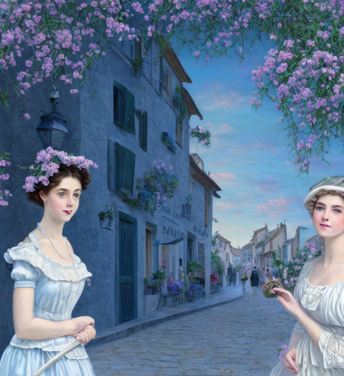 Two women in historical dresses on cobblestone street with charming buildings and flowering trees at twilight