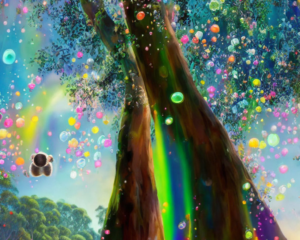 Colorful painting of vibrant tree trunk with rainbow and bubbles in forest