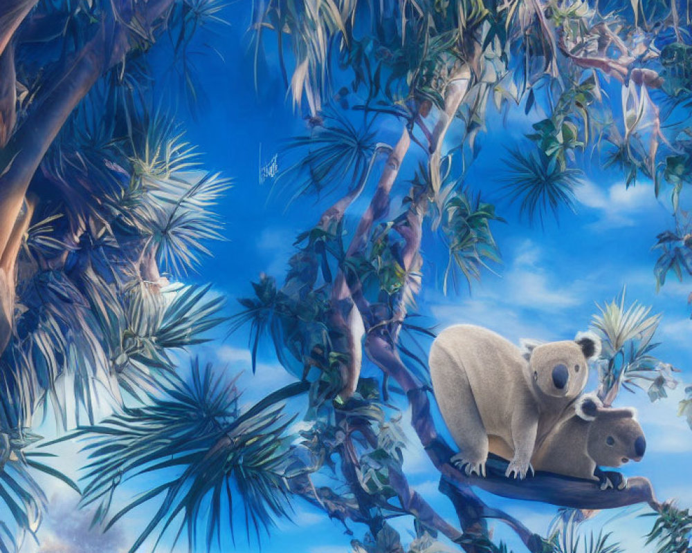Koalas on eucalyptus branch under blue sky