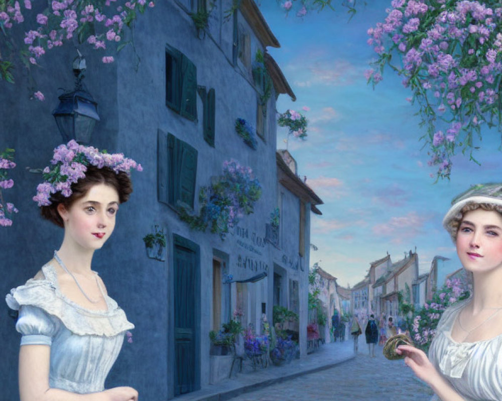 Two women in historical dresses on cobblestone street with charming buildings and flowering trees at twilight