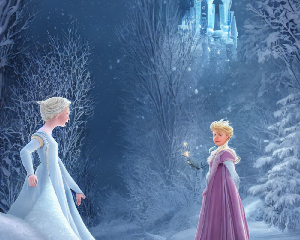 Animated characters in snowy landscape with castle and glowing object in mystical ambiance