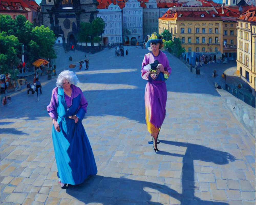Historical Costumed Women Walking in Sunny Square