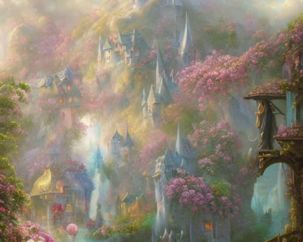 Fantastical castle in misty hill with blooming flora and pastel sky
