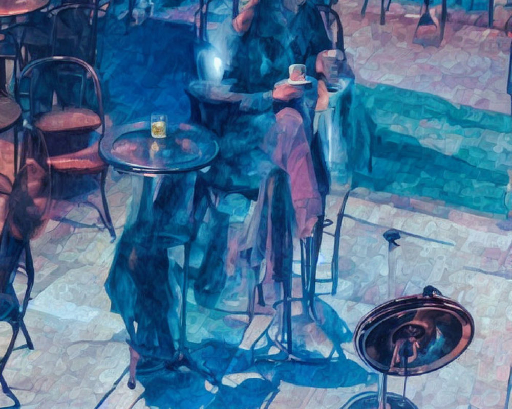 Person sitting at high-top cafe table in abstract setting.
