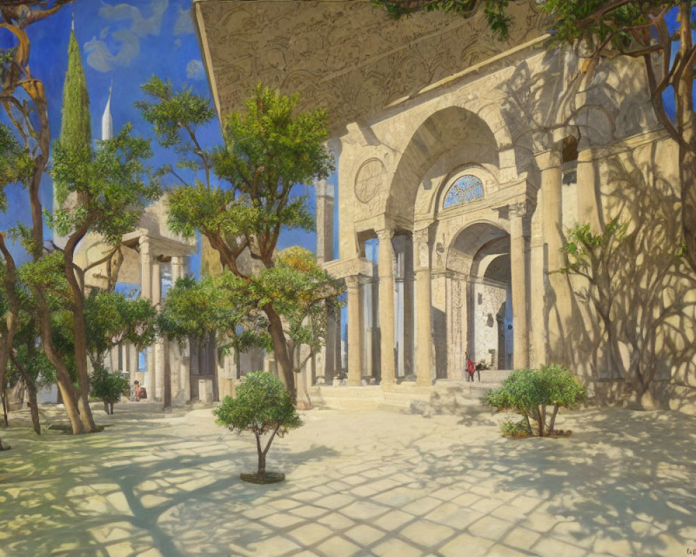 Tranquil courtyard with trees and arches in sunlight