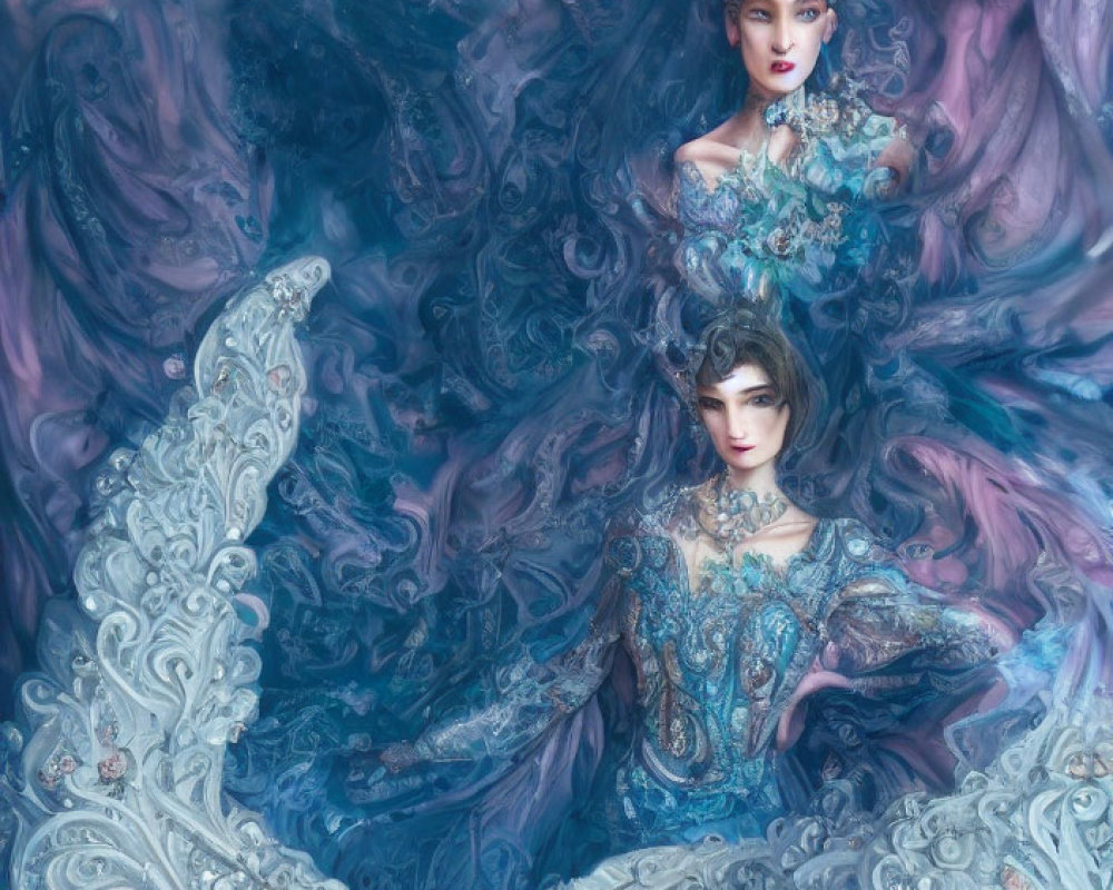 Ethereal figures in swirling blue attire against misty background