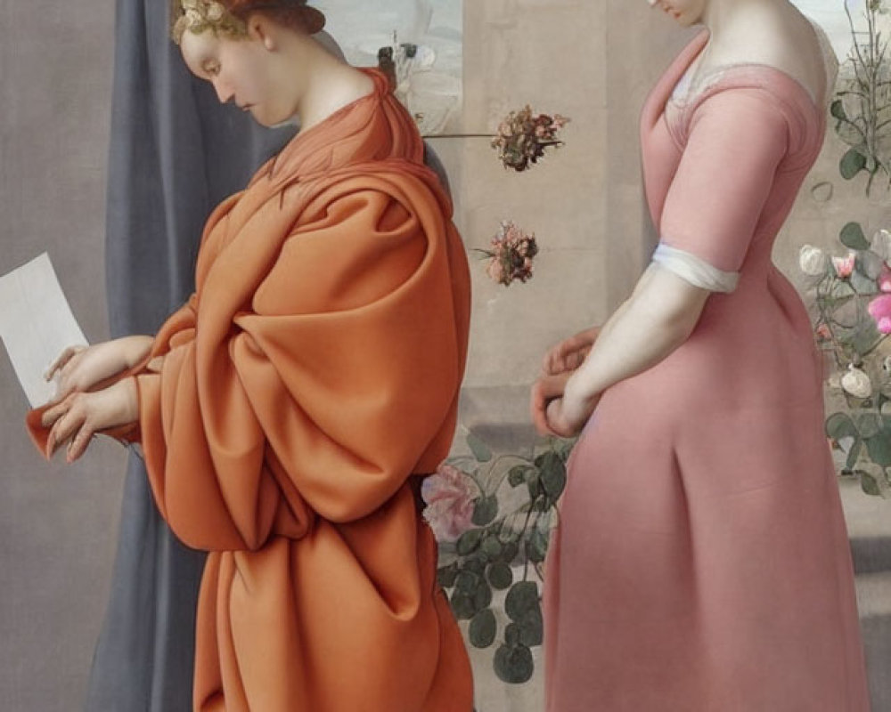 Classical painting of two women in orange and pink drapery beside flowers and blue sky