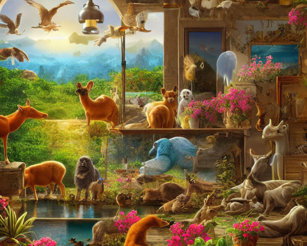 Fantastical room with animals living in harmony amidst nature