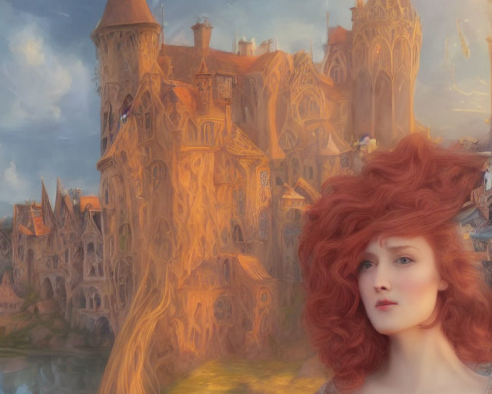 Red-haired woman in front of fairytale castle with dreamy sky.