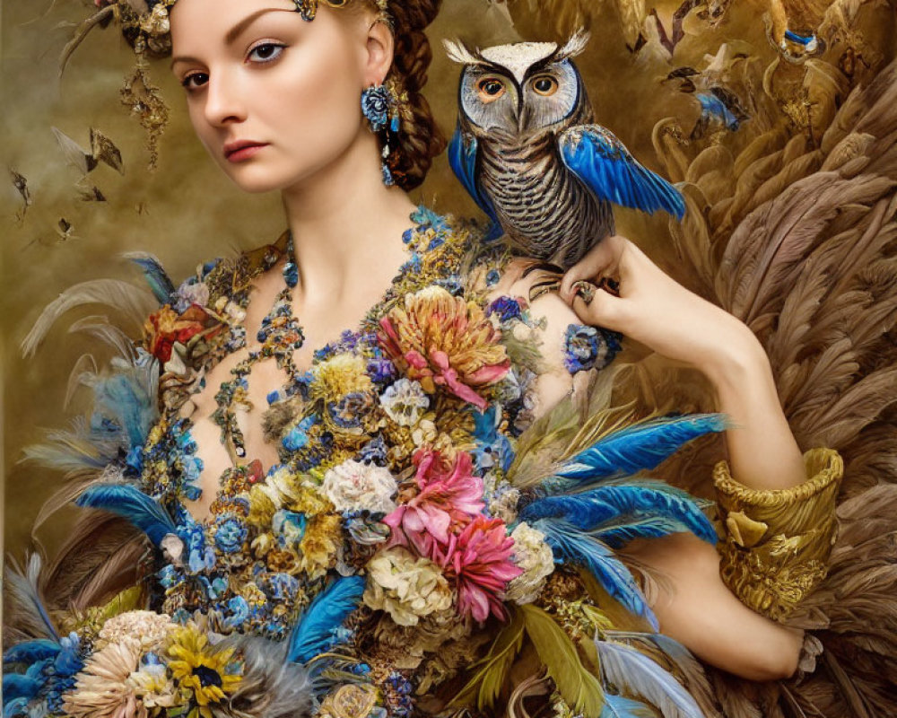Woman in ornate floral gown with owl on shoulder in earthy tones