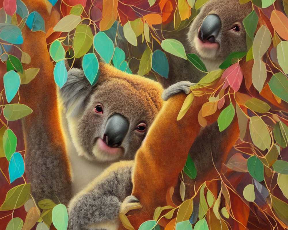 Colorful Eucalyptus Leaves with Two Koalas Peeking