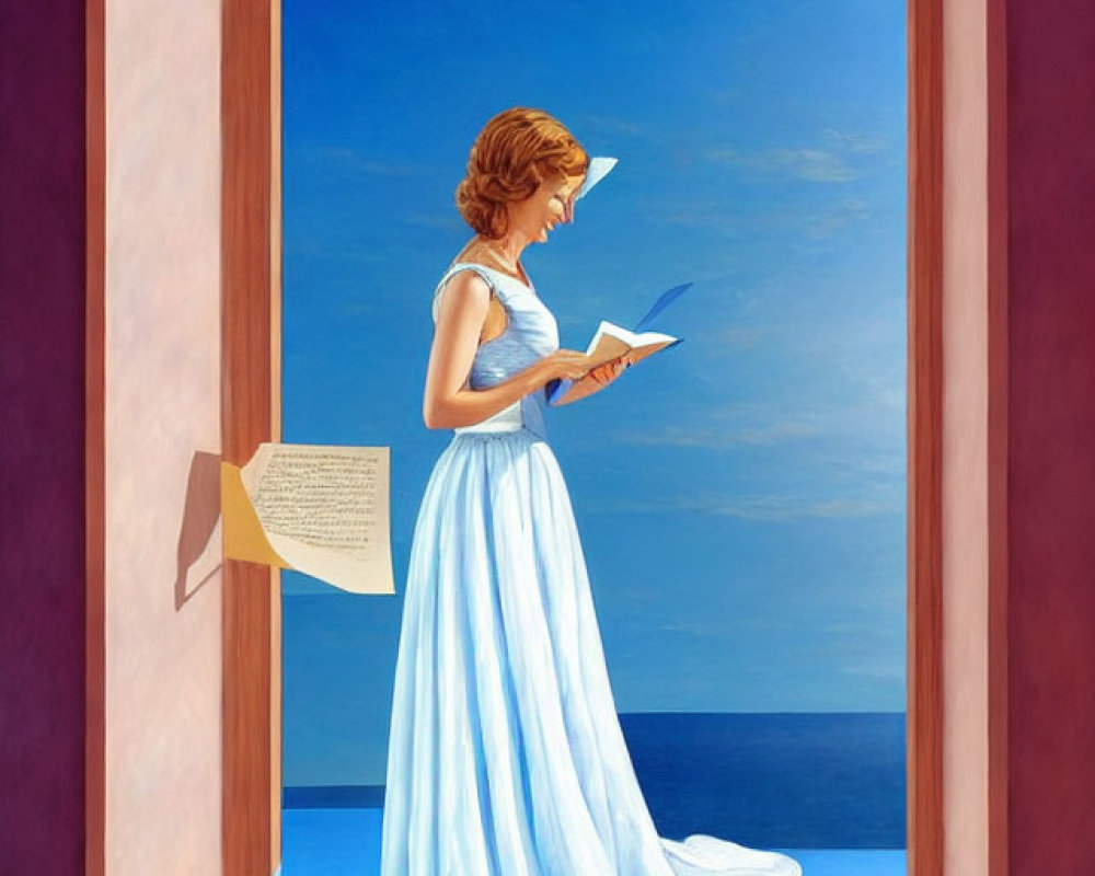 Woman in Blue Dress Reading Letter by Open Window with Ocean View