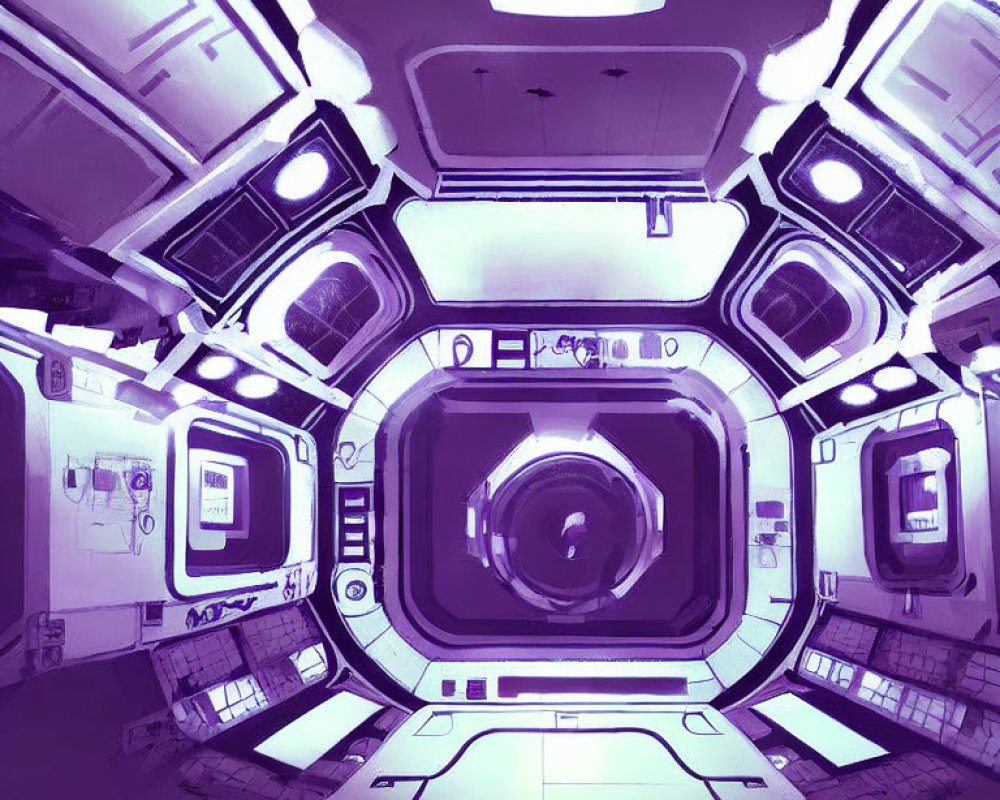 Purple-tinted spacecraft interior with tunnel-like corridor, circular hatch, and high-tech panels.