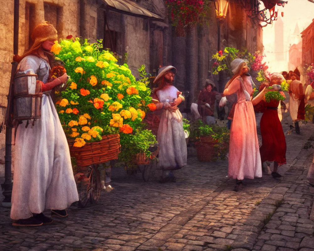 Medieval street scene with people in period attire and flower stall in warm light