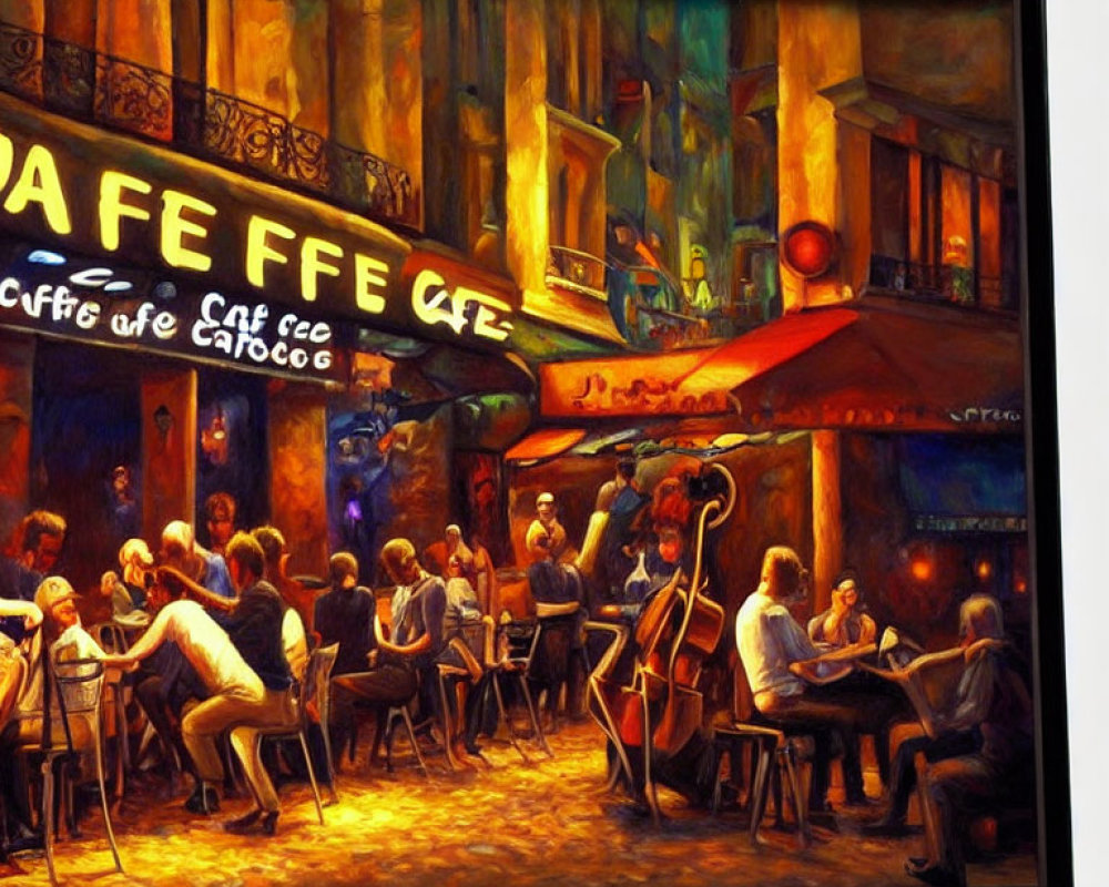 Bustling café scene at night with live band and outdoor seating