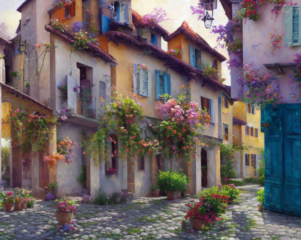 Colorful Cobblestone Street with Vibrant Houses and Flowering Vines