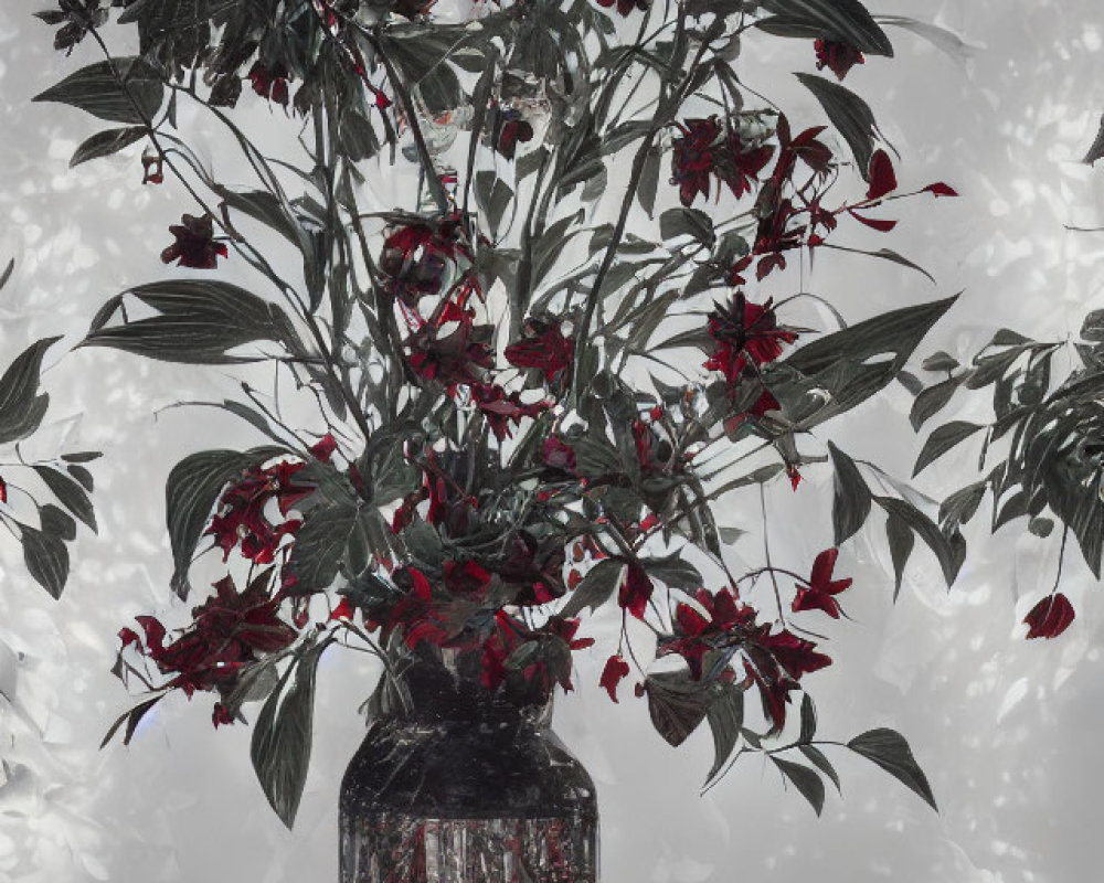 Vibrant red flower bouquet in clear vase on reflective surface